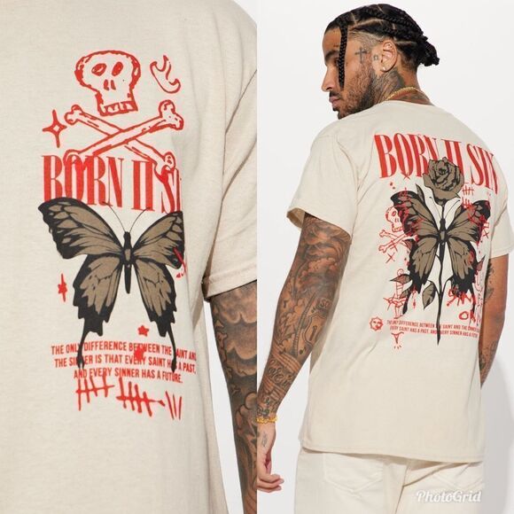 2/$30 Fashion Nova Born To Sin Short Sleeve Crew Neck T-Shirt in Sand - Picture 2 of 6